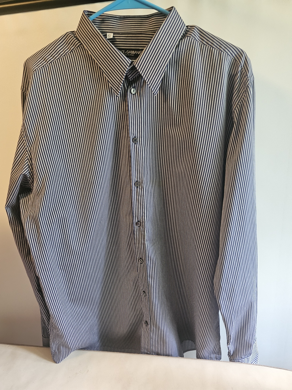Dolce & Gabbana Men’s Navy and White Fine-Stripe Dress Shirt
